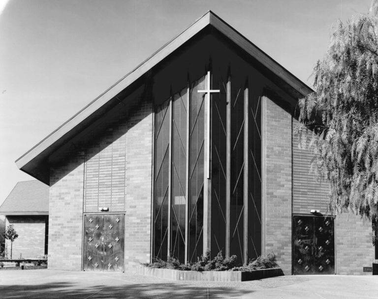 Front of the church in 1959 from across Santa Cruz Avenue.