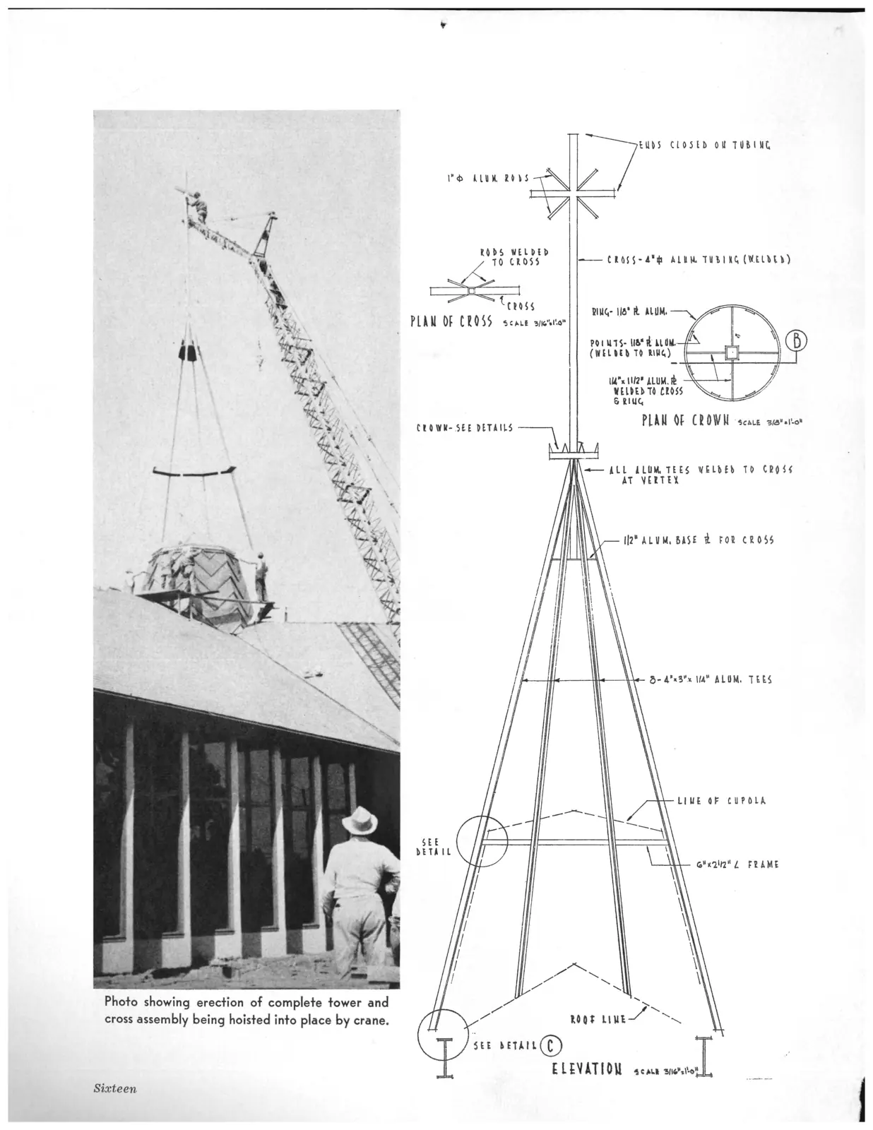 The aluminum cross and steeple of St. Raymond being hoisted onto the church by crane in 1960, shown beside the published engineering elevation and plan drawings.