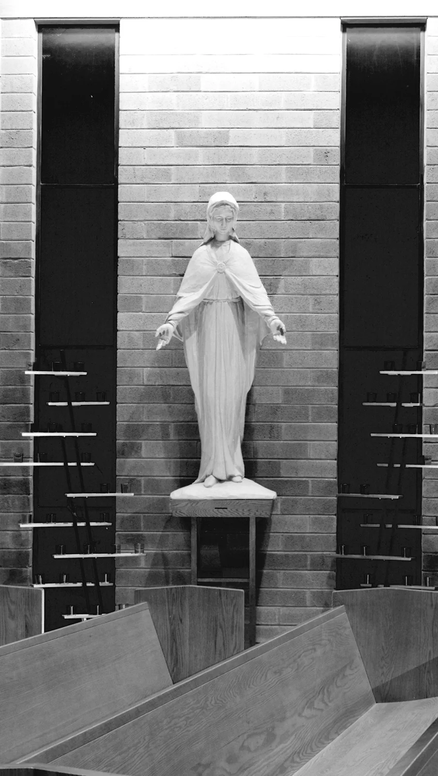 Carved statue of Our Lady of Welcome at St. Raymond, 1959.